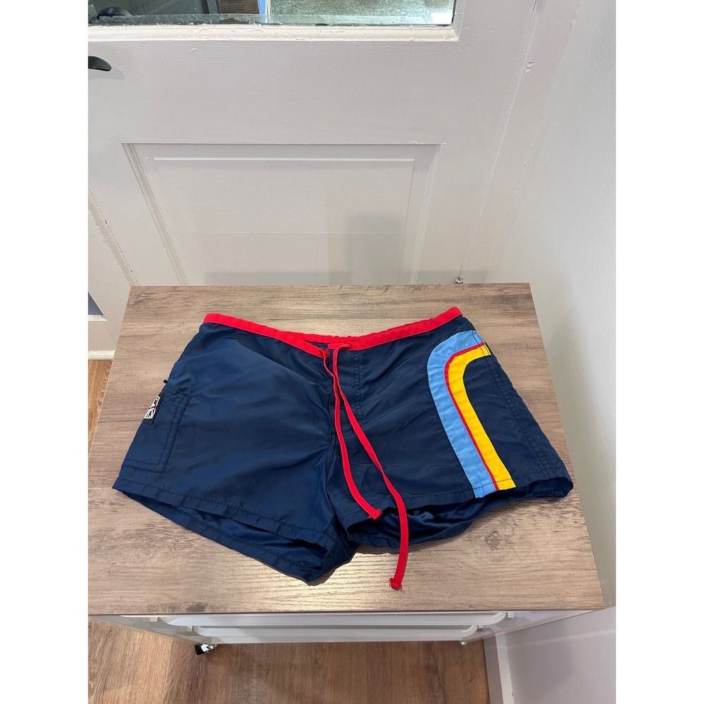 Roxy Board Shorts Women 7 Navy Blue Vintage Rainbow Stripe Retro Surf G46958D